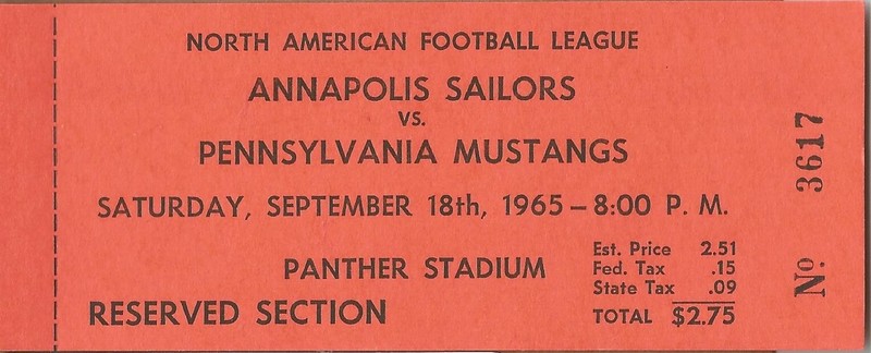 NAFL North American Football League Ticket 9/18/1965 Annapolis Sailors
