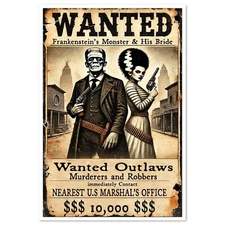 Wanted Couple Frankenstein Poster Fine Art Rustic Western Style Print Lithograph