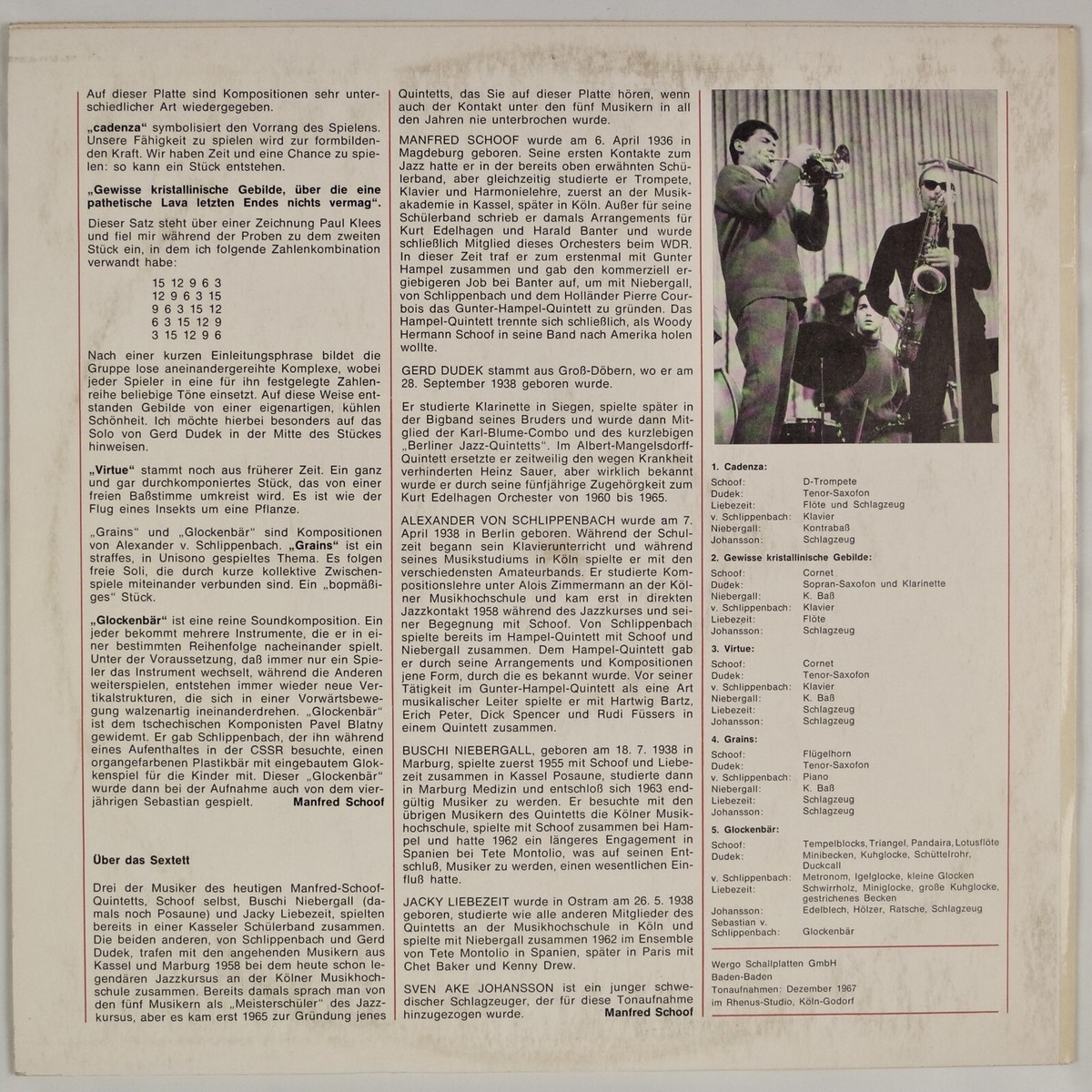 独LP Manfred Schoof Manfred Schoof Sextett WER80003 WERGO /00260 MANFRED SCHOOF SEXTETT: '67 Germany Wergo Free Jazz LP NM