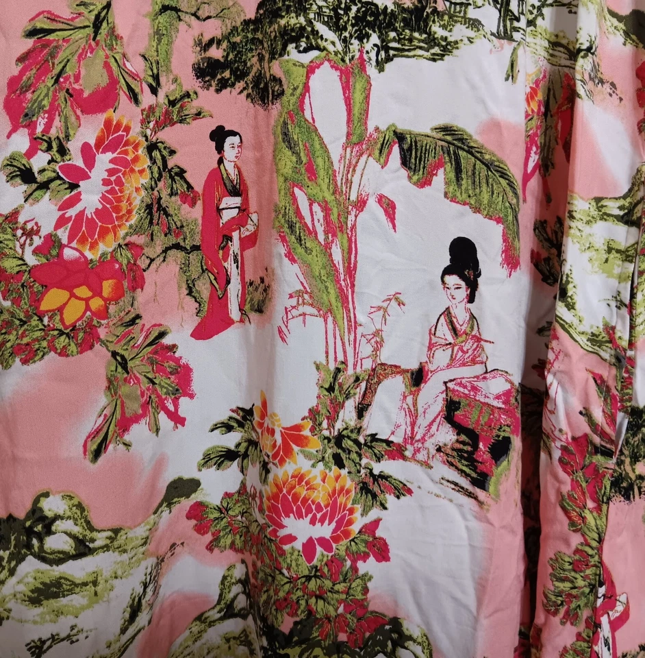 Camisón Natori S Blanco Rosa Verde Estampado Floral Geisha Largo Completo Bolsillos Foto 2 de 4