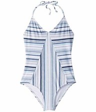  191 Splendid Girls White Blue Striped V-Neck Stretch One-Piece Swimsuit Size 14