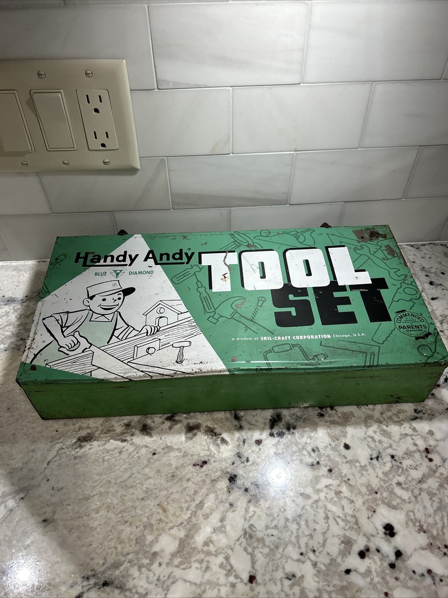 Vintage Handy Andy Tool Set Box With Tools Metal Green Skil Craft