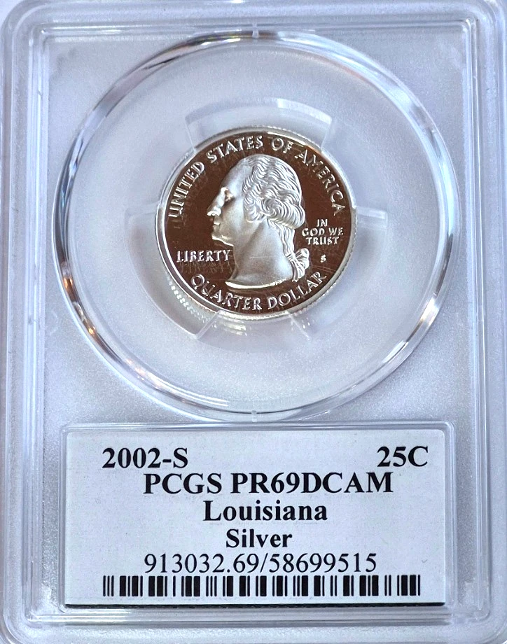 2002-S SILVER 90% Louisiana State Quarter PCGS PR69 DCAM State Flag Holder 25C - Image 2 of 2