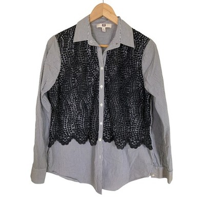 E3 by Etcetera Womens Size 8 Striped Lace Overlay Button Down Shirt Blue Black