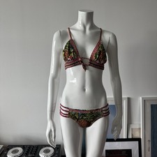 Vintage Tropical Pineapple Print Beaded Triangle Bikini Top And Bottom Set Sz M