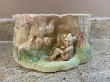 Vtg SYLVAC Large PINK/GREEN Ceramic PIXIE/RABBITS/Bunnies PLANTER