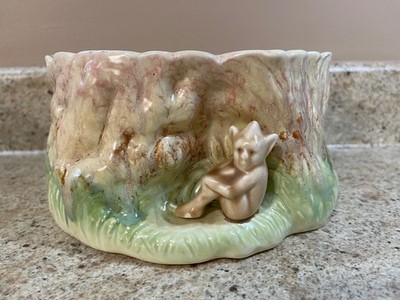 Vtg SYLVAC Large PINK/GREEN Ceramic PIXIE/RABBITS/Bunnies PLANTER