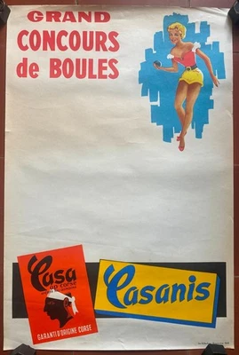 Affiche CASANIS GRAND CONCOURS DE BOULES Pétanque Pin-Up Corse 40x60cm 50's - Photo 1/4