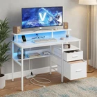 Maple White Computer Desk with Drawers Monitor Stand LED Lighting USB Ports