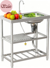Freestanding 3-Tier Stainless Steel Outdoor Utility Sink with Faucet and Hose Ho