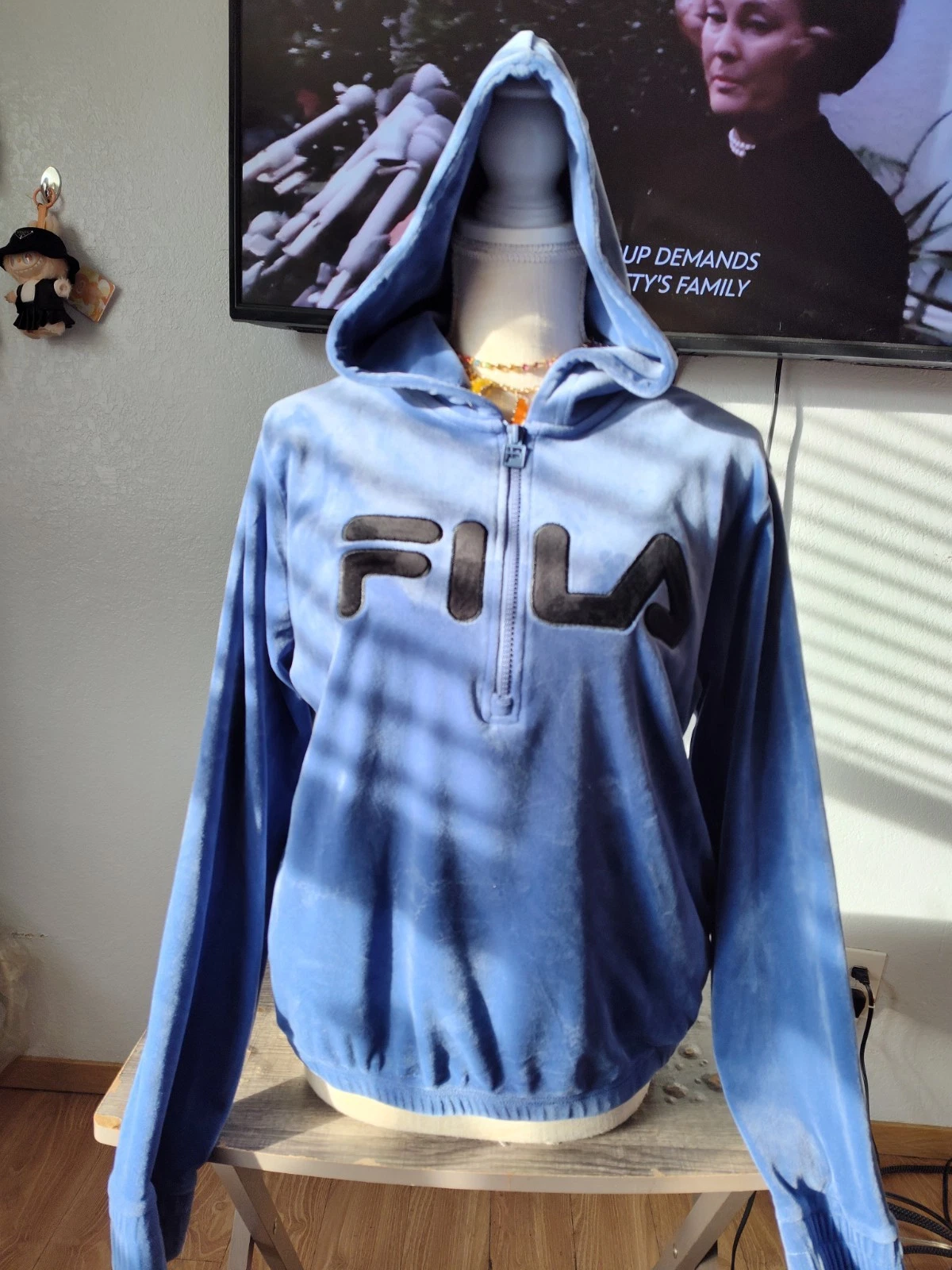Fila Sweatshirt Women M Blue Velvet Hoodie Quarter Zip Stretch Athleticore