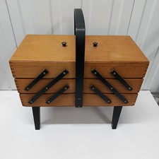 Vintage Wooden Cantilever Sewing Box Craft Jewellery Storage Box on Legs