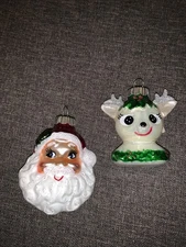 2 Radko Shiny Brite reindeer Santa VTG blown glass Christmas ornaments