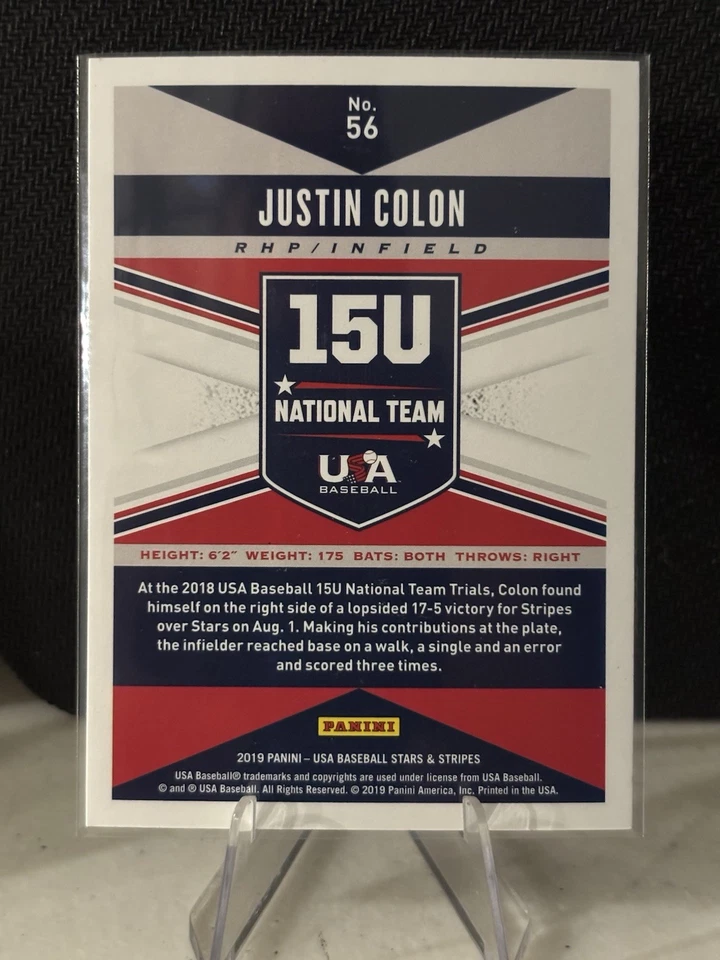 2019 Panini USA Baseball Stars & Stripes Longevity - Justin Colon #56 (RC) - Image 2 of 2