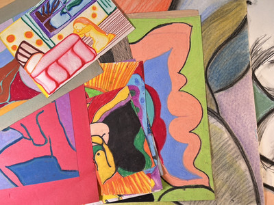 Circa 1970s Big Bushes and Bright Pastel Drawings Mixed Lot Figural Art Study