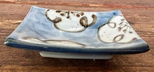 1 Tiny Soy Sauce Condiment Plate Asian Japanese Rafu Bussan LA Blue Grey Pottery