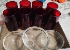 8 Ruby Red Glasses & 3 Stackable Small 3" Duralex Glass Bowls