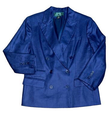 Ralph Lauren 100% Linen Blazer Blue Navy Double Breasted Jacket Women’s  Size 10P