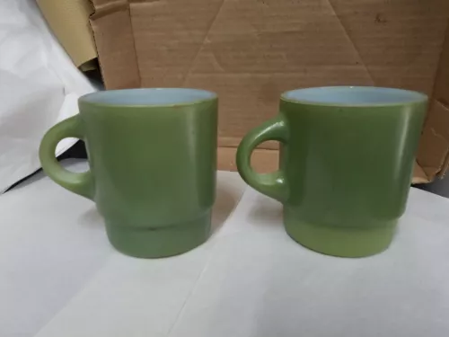 Vtg Set Of 2 Anchor Hocking Fire King Avocado Green Coffee Mug Cup C Handle