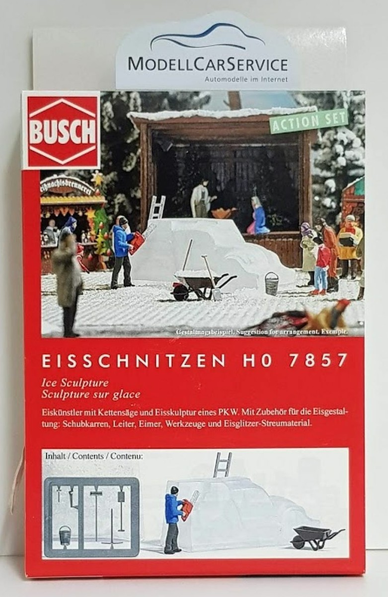 Busch 7857 A-Set: Eisschnitzen H0 – Fertigmodell Mit Eiskünstler, Kettensäge Und Skulptur Im Maßstab 1:87