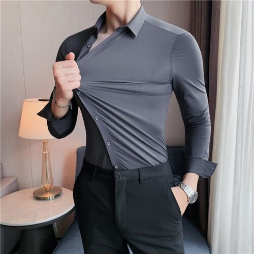 High Elasticity Seamless Shirts Men Long Sleeve Top Quality Slim Casual Luxury - Picture 1 of 33