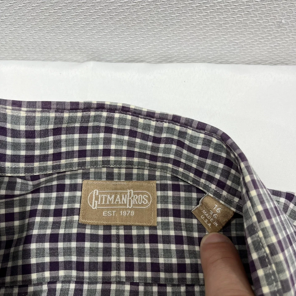 Gitman Bros Shirt Mens 16-36 Gray Purple Plaid Gingham Button Up USA Long Sleeve - Image 3 of 4