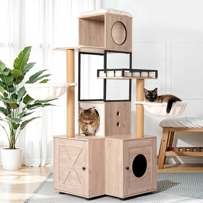 Rustic Gray Cat Tree w/ Litter Box & Scratching Posts/Modern Design