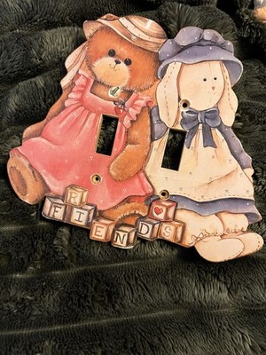 VTG Teddy Bear & Bunny Friends Wooden Light Switch Cover   Country Nursery Decor