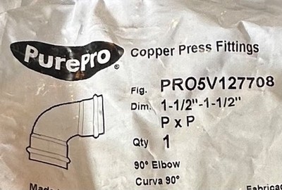 Pure Pro Copper Press Fitting 1-1/2x1-1/2'' .90 Elbow #943258 New