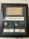 Civil War Era Confederate Bond Coupon Display w/ Musket Ball & Fired Bullet