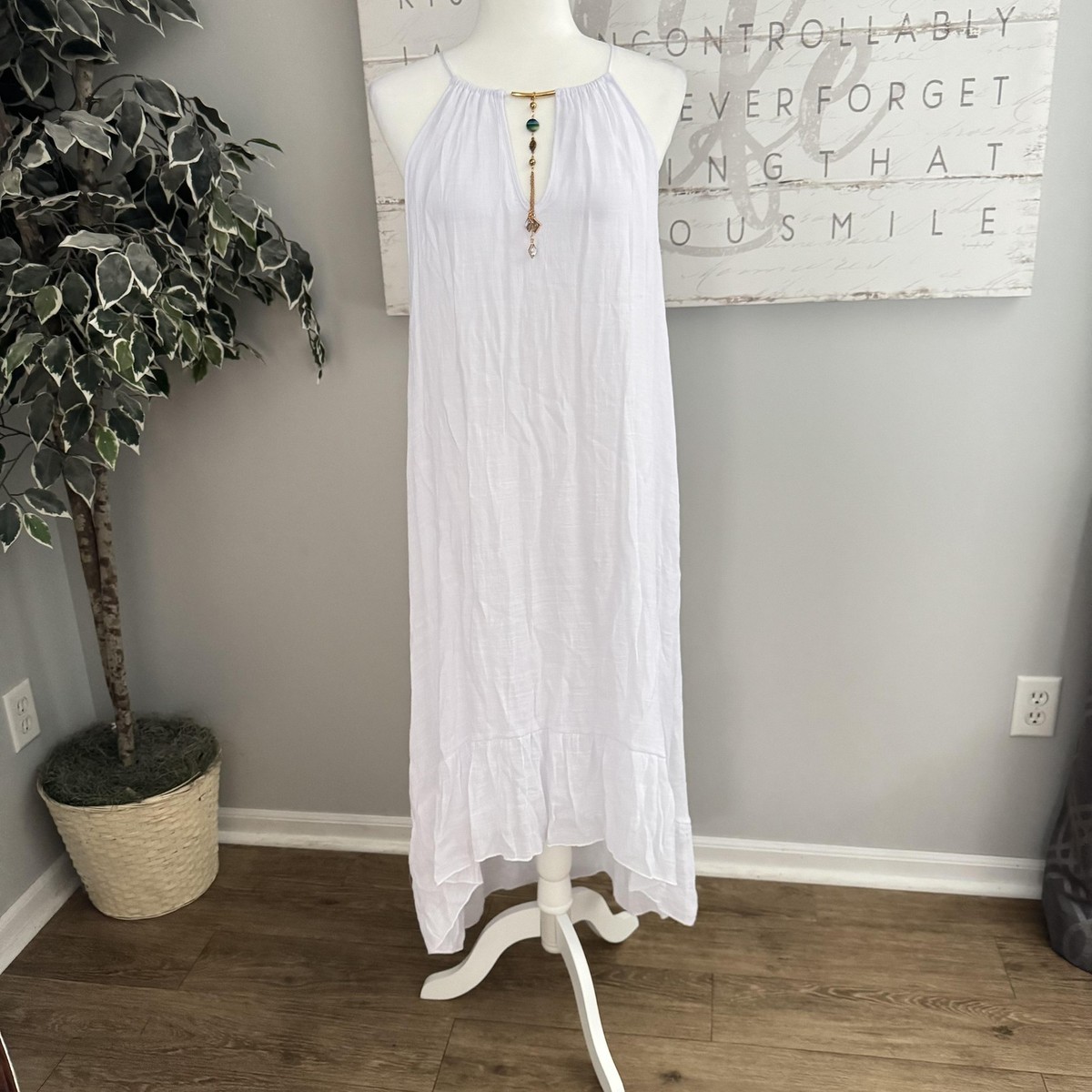 Mlle Gabrielle Dress Coverup XL White Maxi High Low Halter Keyhole Necklace Boho Mlle Gabrielle Dress Coverup XL White Maxi High Low Halter Keyhole Necklace Boho