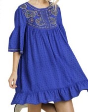 Umgee Small Blue Women's Paisley Embroidered Bell Sleeve Mini Dress Bohemian
