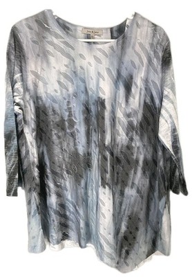 Jess & Jane Tunic Top Women XL Gray Abstract 3/4 Sleeve Asym Hem Burnout USA EUC