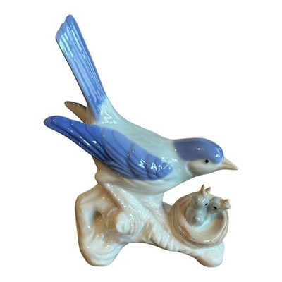 Bluebird mit Küken im Nest Porzellan Figur - Vogel Ornament auf Ast - 14 cm