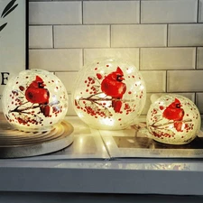 Crackle Glass Ball Cardinal Light Up Red Bird Stained Glass Christmas Decor A...