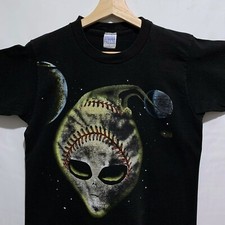 Vintage 90s Alien Baseball Space Rare Baby Tee T Shirt Size XS Black Made In USA