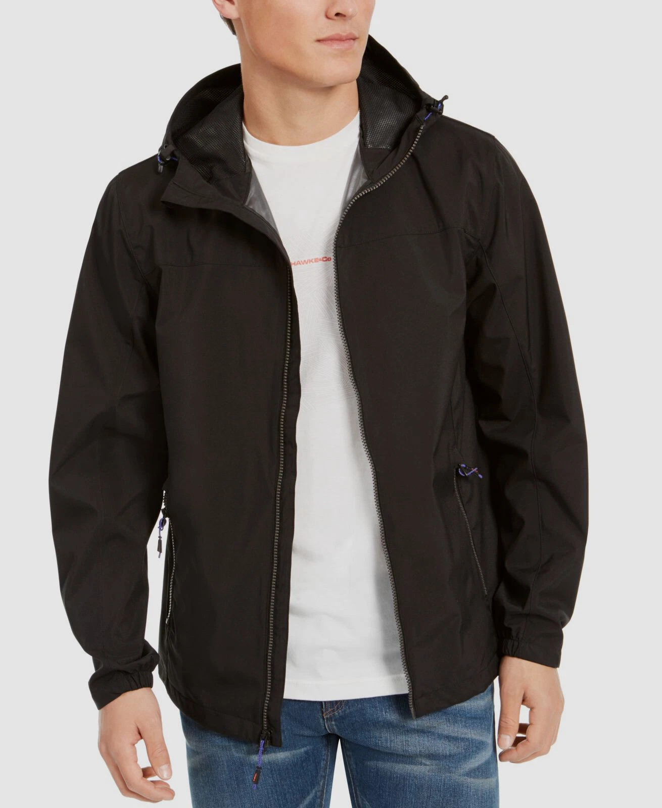 $100 Hawke & Co. Men Black Lightweight Hooded Waterproof Rain Coat Jacket Size M
