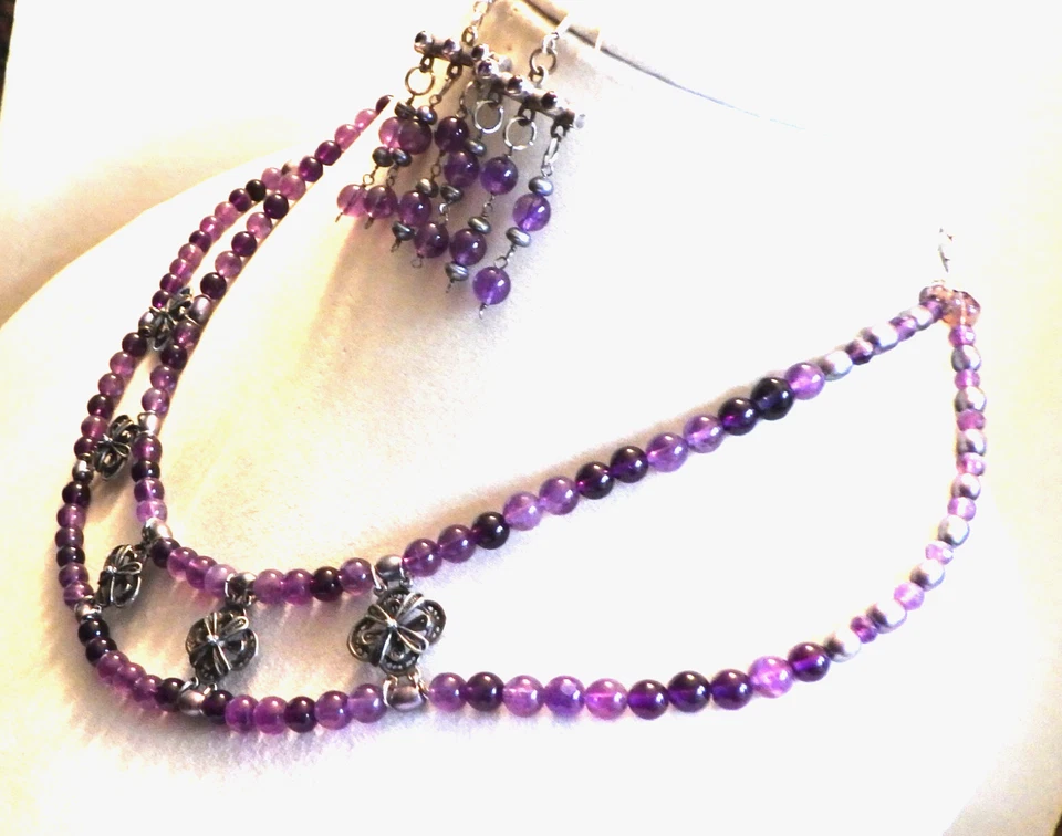 Восстановленный винтажный аметист фестон ожерелье комплект -2 бусы -925 серебро филигранные звенья - Изображение 4 из 4