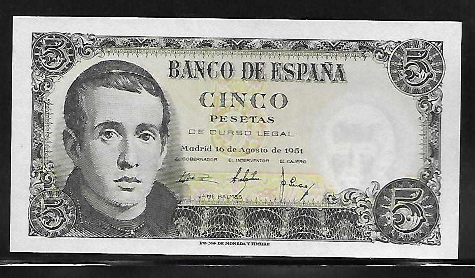 Spain P-140 5 Pesetas 1951 Unc