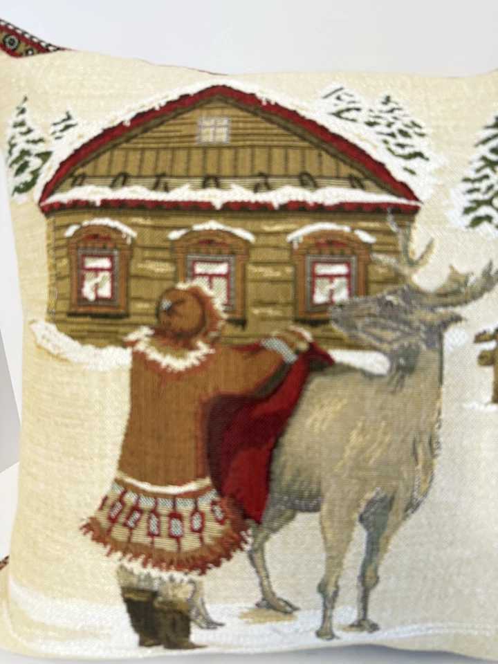 Hines of Oxford Pillowcase Tapestry Cover 18"x18" Winter Cabin Reindeer Girl EUC - Image 3 of 4
