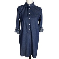 UNIQLO Chambray Long Sleeve Half Button Dress Women Size M Roll Tab Sleeve
