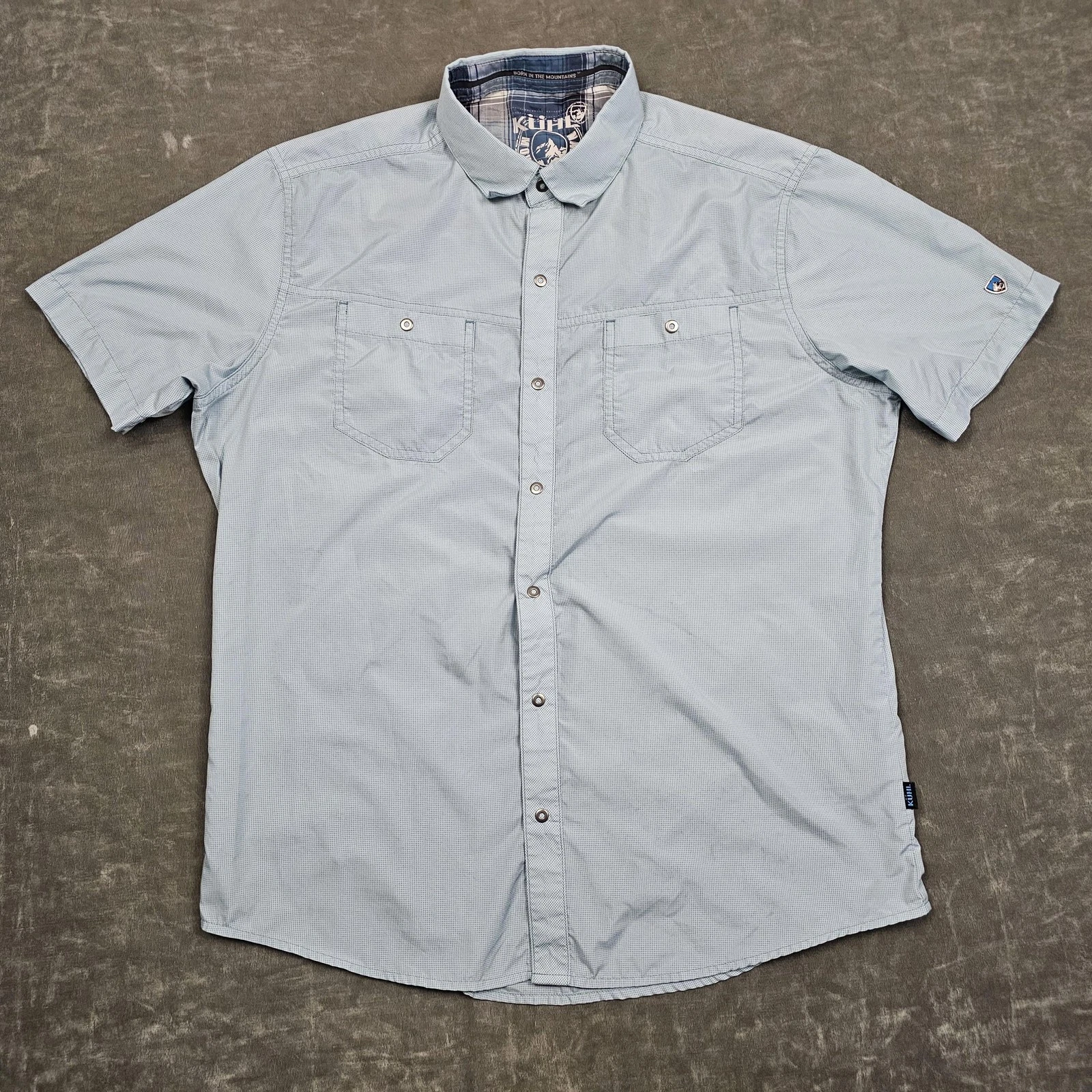 Kuhl Stealth Shirt Mens Medium Blue Check Short Sleeve Snap Front Hiking Outdoor