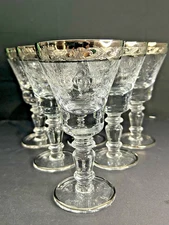 Murano Style 6” Wine Glasses Etched Platinum  Trim Hand Blown Set/6