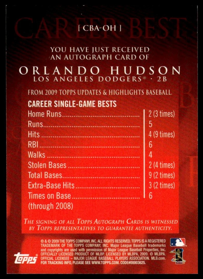 Topps #CBA-OH Orlando Hudson 2009 mejores autógrafos de carrera Foto 2 de 2