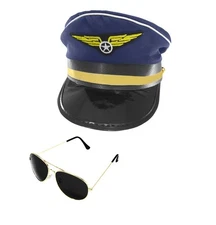 Airplane Pilot Airline Aviator Sunglasses Navy Captain Hat Cap Adult Costume Set