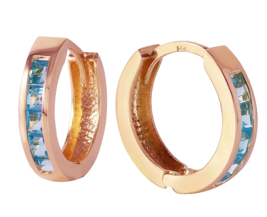 10k Solid Rose Gold 1.10 Carats Natural Blue Topaz Women's Huggie Hoop Earrings - Image 2 of 4