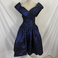 Vivian Dressy Diamond Creations Sz Dress 10 Blue Ruched Off-Shoulder VINTAGE