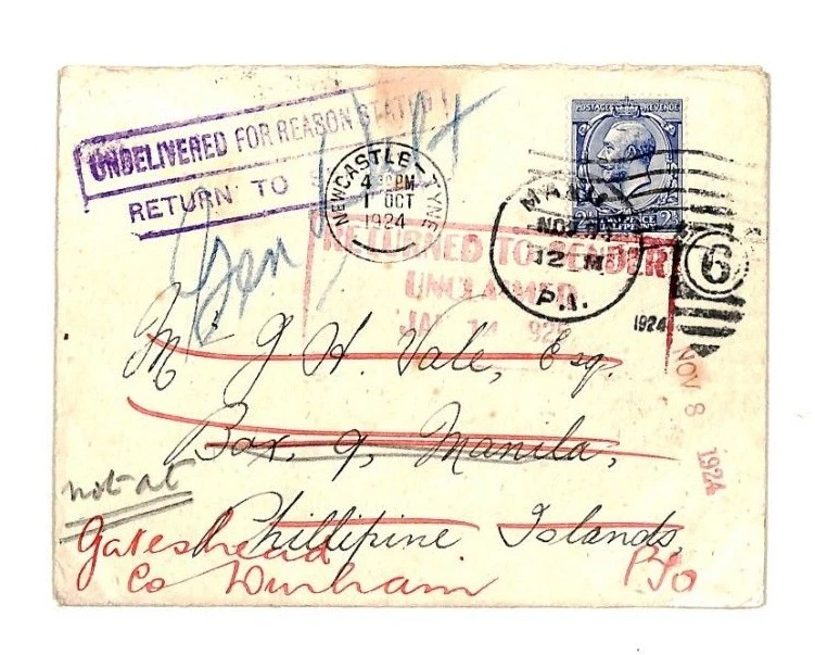 GB RETOUR Cover Forwarded *SINGAPORE DEAD LETTER* Oval PHILIPPINES 1925 U149 - Image 2 of 4