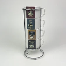 Stackable Coffee Mugs w Stacking Rack Set of 4 Cups Coffee Shop