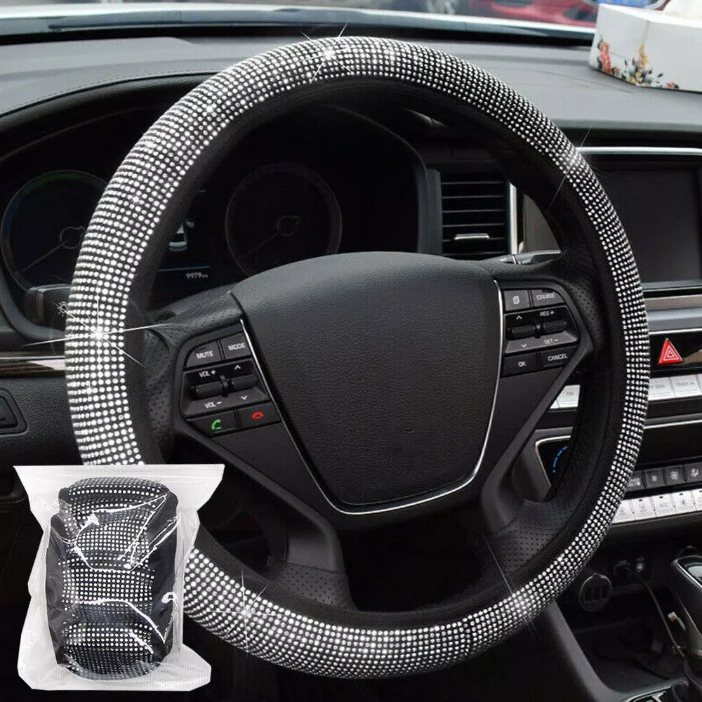 Bling Rhinestone Car Steering Wheel Cover White Interior